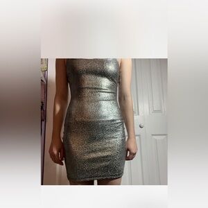 Strapless Silver Metallic Bodycon Dress - Sleek Party Dress